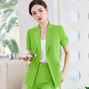 短袖小西装外套女夏季时尚气质修身荧光绿西服套装休闲职业装