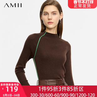 Amii半高领羊毛打底衫女士2023秋冬季修身针织衫黑色毛衣中领