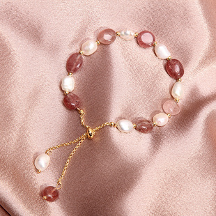 草莓晶天然异形珍珠手链，女ins小众设计可调节水晶手串转运招桃花