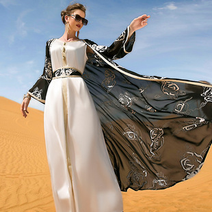 中东阿拉伯黑白花朵刺绣两件套女士长裙送腰带长袍迪拜旅游长袍