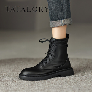 TATA LORY联名女鞋黑色系带马丁靴英伦风圆头平底短靴子