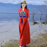 民族风红色旅游长裙适合去西藏青海湖草原沙漠度假拍照异域连衣裙