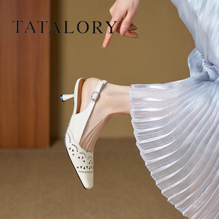 tatalory女鞋复古真皮雕花方头，后空高跟鞋夏季镂空包头细跟凉鞋