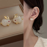 兔子系列真金电镀耳钉，女简约甜美可爱耳环猫眼石珍珠s925银针耳饰