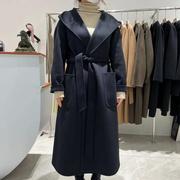 2023韩版时尚宽松无扣高端系带大翻领中长款双面绒大衣外套