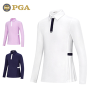 美国PGA儿童高尔夫衣服女童长袖T恤春秋上衣柔软舒适时尚百褶拼接