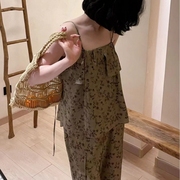 韩版秋季睡衣韩版时尚睡衣女冰丝绸吊带短裤睡衣套装家居服