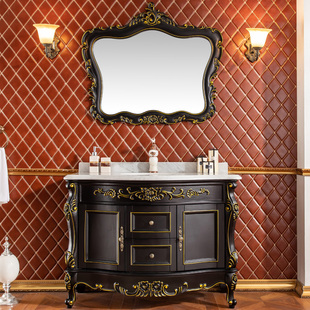 欧式浴室柜厕所洗漱台橡木，黑色描金银洗脸盆，柜组合实木简欧卫浴柜