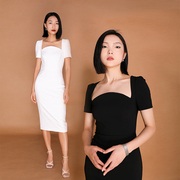 BRAND BY MEI时尚魔头系列 U型领优雅修身纯色铅笔连衣裙
