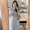 韩国chic秋季优雅气质翻领单排扣系带收腰显瘦中长款衬衫连衣裙女