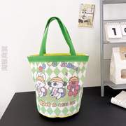 包可爱(包可爱)便当，大容量少女包手提?心，卡通韩风袋帆布包水桶圆筒