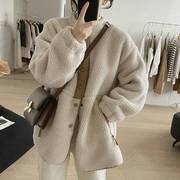韩国羊羔毛外套女冬季小个子宽松显瘦立领设计感小众加厚大衣