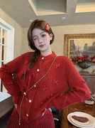 红色过年小香风毛衣外套女秋冬季小个子短款针织开衫上衣2023
