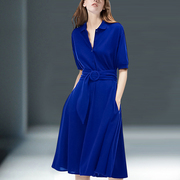 欧美时尚连衣裙女蓝色系2020夏收，腰短袖简约中长款气质衬衫裙