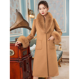 秋冬狐狸毛领羊绒，大衣女中长款修身显瘦气质，时尚羊毛呢外套女
