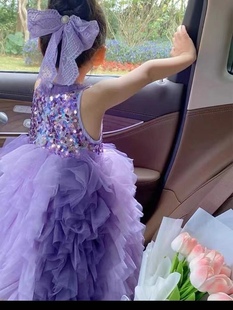 紫色礼服裙全身亮片连衣裙 挂脖领连衣裙表演服