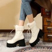厚底雪地靴女冬季真皮羊毛，系带短靴10厘米，超高跟加厚棉鞋马丁靴