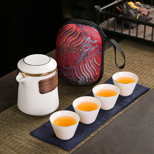 旅行茶具一壶四杯便携式包简约(包简约)防烫羊脂玉，白瓷功夫套装陶瓷快客杯