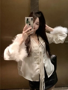新中式白色长袖衬衫女装春季设计感衬衣羽毛拼接独特别致v领上衣
