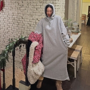 韩国2023冬季女士加绒棉灰色，休闲连衣裙慵懒风过膝长裙卫衣裙