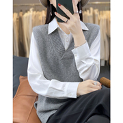 100纯羊毛女士马甲前短后长开叉款V领毛衣秋冬无袖叠穿背心