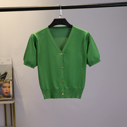 夏季冰丝泡泡袖开衫纯色v领短袖外套绿色，短款t恤气质温柔风薄上衣