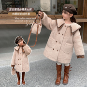 女童秋冬款中长款毛绒外套2023中大童冬装韩系娃娃领甜美外套