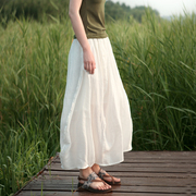 夏季苎麻半身裙纯色百搭休闲高腰半身，长裙设计款复古花苞裙有里衬