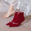 红色靴子女夏季婚鞋秀禾中式新娘加绒蝴蝶结高跟鞋短靴细跟结婚鞋