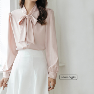 浅粉色蝴蝶结雪纺衬衫女长袖，设计感小众，上衣2023春秋气质职业衬衣