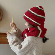 儿童帽子围巾两件套新年红色条纹针织帽圣诞节日男女宝宝雪天保暖