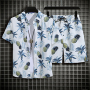 海边度假沙滩服男士三亚旅游衬衣，波西米亚夏威夷海南岛花衬衫套装