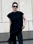 欧货大版夏季黑色纯棉短袖t恤女2024宽松直筒背心中长款上衣