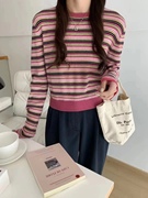 彩色条纹拼色针织衫女韩版女装，圆领套头长袖撞色长袖，修身打底衫