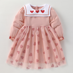 女童粉红色公主裙宝宝，大翻领娃娃裙衫儿童秋装，婴儿长袖连衣裙网纱