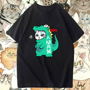 猫咪日系卡通猫恐龙图案短袖可爱情侣装，小清新纯棉半截袖休闲t恤