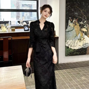 新中式国风套装2024春季长袖蕾丝镂空上衣，+直筒休闲半身裙两件套