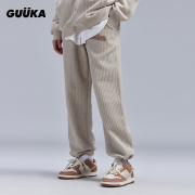 guuka浅卡其色卫裤男潮，美式复古百方格子裤脚弹力绳直筒裤宽松