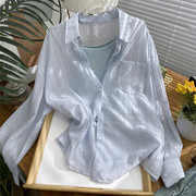 日系春夏薄天丝防晒衬衫+吊带，两件套女法式蓝色亮钻雪纺衬衣开衫