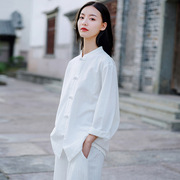 中国风立领盘扣棉麻白衬衫，女长袖宽松禅意，茶服太极服亚麻上衣唐装