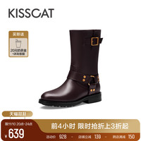 kisscat接吻猫2023冬季时尚，复古牛皮靴流行增高休闲骑士靴女