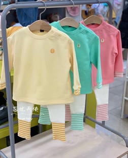 韩国中小童装春男女童糖果色，纯棉长袖t恤拼接打底裤套装