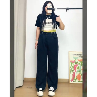 阔腿牛仔裤女春秋季梨型身材微胖穿搭宽松直筒遮胯显瘦设计感裤子