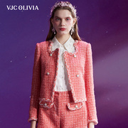 vjcolivia2024春夏小香外套粉色粗花呢，格纹直筒外套短款女装