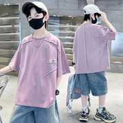 男童短袖t恤衫夏季纯棉，宽松潮牌粉紫色男孩，大童夏天圆领运动上衣