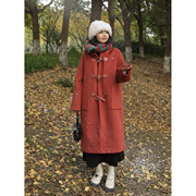 老玛儿秋冬中长款廓形大红色羊毛大衣女，2024百搭毛呢外套