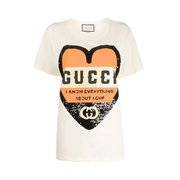 香港直邮Gucci古驰女士白色短袖T恤印花心形图案圆领夏季出行