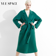 yuespace双面羊绒大衣毛呢，外套女士腰带，收腰长款双排扣秋冬时尚绿