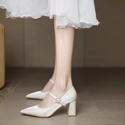 法式高跟鞋女粗跟2024年杏色玛丽珍伴娘鞋日常可穿新娘鞋婚鞋