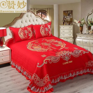 婚庆全棉床盖三件套床罩纯棉床裙2024年绗缝被高级红色，结婚用